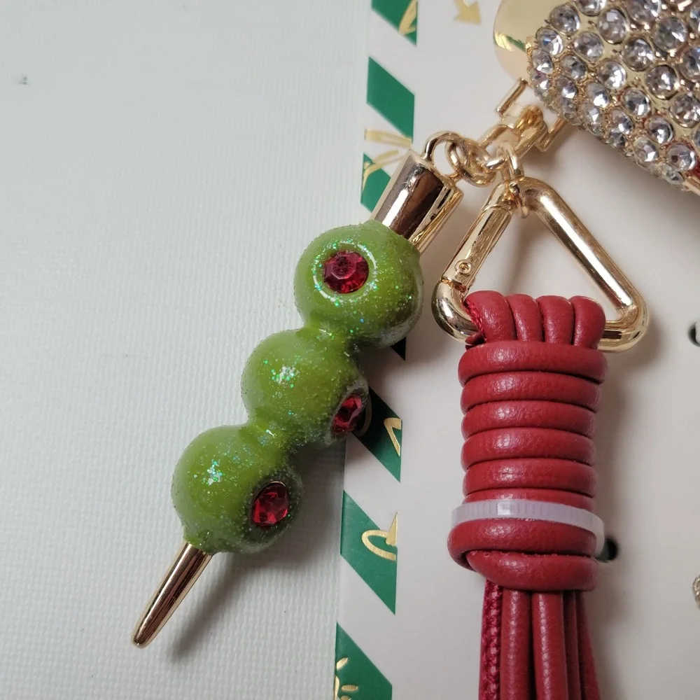 Piper K Martini Glass Bag Charm Key Chain Rhinestone Tassel Olive Gold Tone NWT